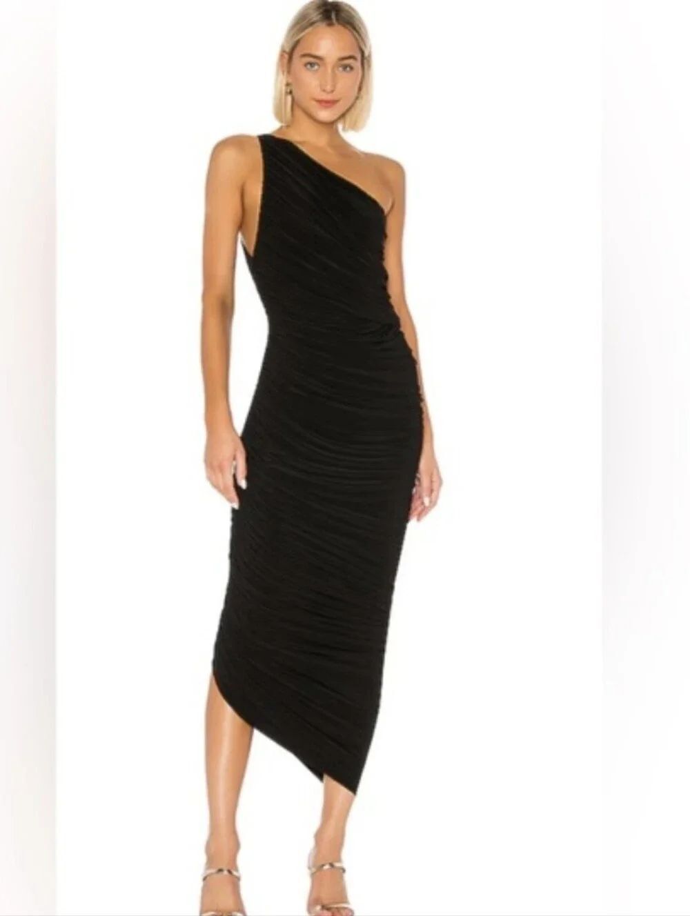 NWT Norma Kamali "Diana" One-Shoulder Ruched Asymmetrical Dress Blck Sz.Med $275